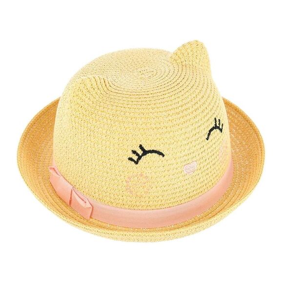 CTM Girl's Smiling Kitty Face Straw Sun Hat - Picture 2 of 4